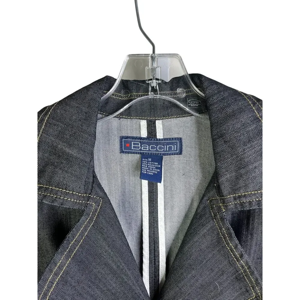 Baccini Demin Trench Coat Womens Sz Medium Dark‎ Wash Button Front 3/4 Sleeve